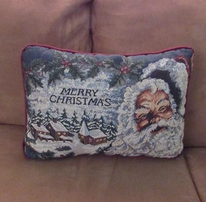 Merry Christmas Santa Claus Tapestry Throw Pillow Jolly Old Elf Snow Scene - Picture 1 of 3