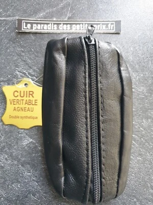 porte monnaie cuir grain de café double poche, porte monnaie noir 11 x 6 cm - Photo 1/2