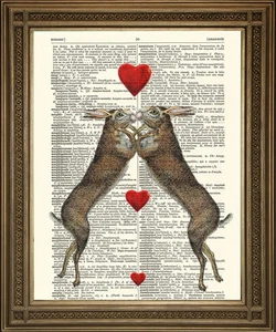 HARES IN LOVE ART: Brown Animal Print, Wall Hanging on Vintage Dictionary Paper - Picture 1 of 2