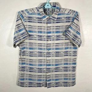 Tommy Bahama Shirt Mens Medium Beige Blue Island Zone Silk Hawaiian Camp Striped - Picture 1 of 9