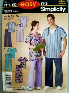 Simplicity 3633 unisex SCRUBS TOP PANTS XS-XL chest 30-48 pattern Uncut FF 2007 - Picture 1 of 5