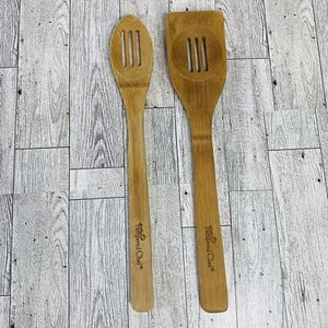VTG Pampered Chef Slotted Wooden Utensils Bamboo Cooking Spoon Spatula Farmhouse - Picture 1 of 5