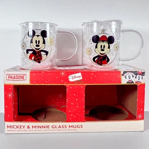Disney Mickey & Minnie Holiday Mug Set | 17.5 oz Glass Cups | Winter Season - Afbeelding 1 van 18