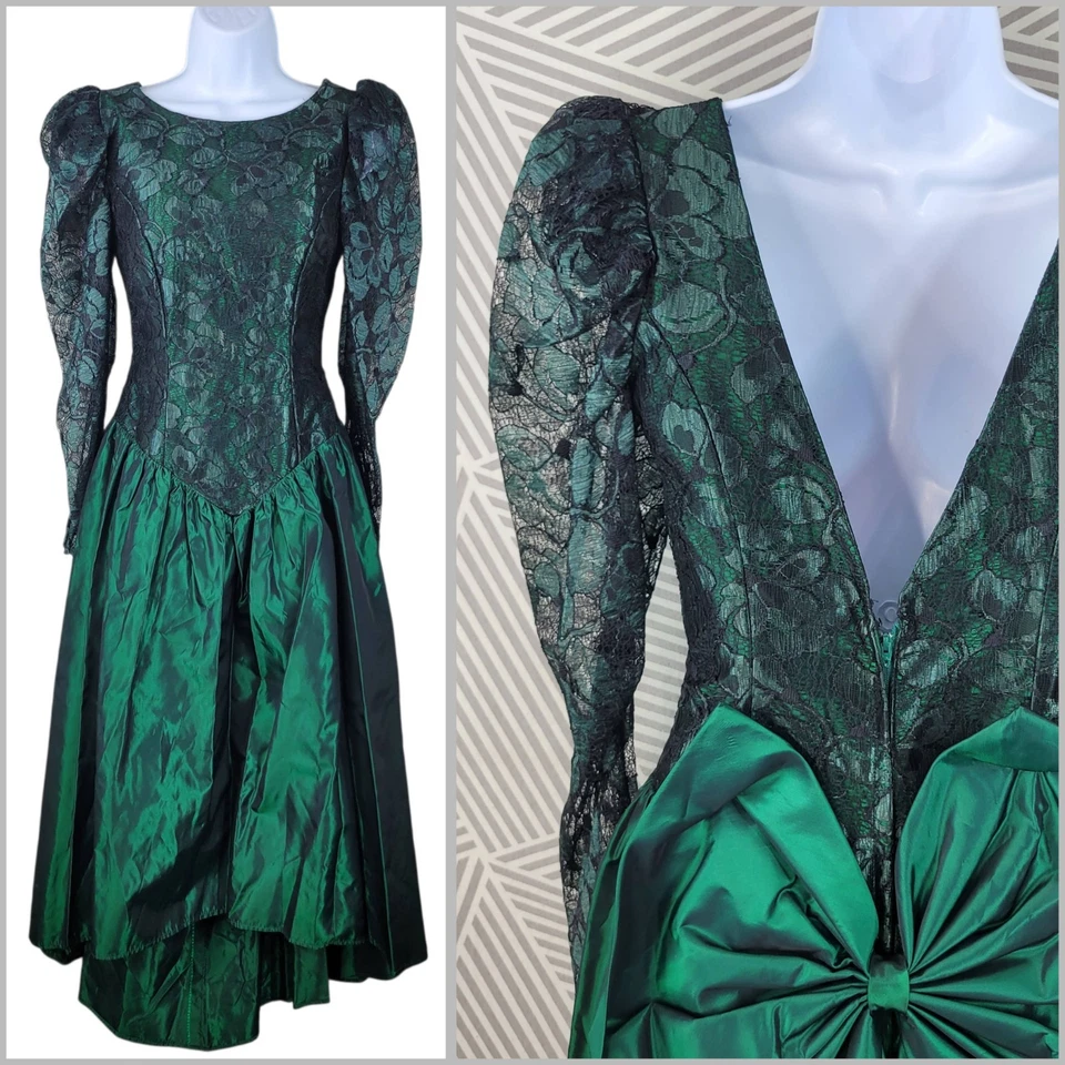 Vestido Formal Vintage Años 80 Tafetán Encaje Talla 4 6 8 Vestido de Baile Lazo Baile de graduación Evento Verde Foto 1 de 4