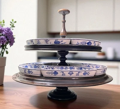 Antiq Villeroy & Boch Blue Onion Lazy Susan Serving 2 Tier Stand Pedestal 12 Pc - Image 1 of 4