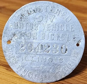 1917 ILLINOIS REGISTRATED MOTOR VEHICLE MOTOR BICYCLE METAL LICENSE TAG 2" - Picture 1 of 2