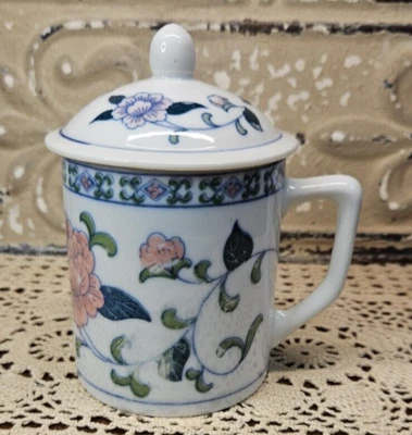 Pier 1进口茶咖啡瓷杯马克杯粉红色玫瑰带盖14盎司 — 第 1/4 张图片