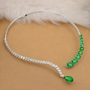 Zambian Emerald Pear Cut Natural H/SI Diamond Choker Necklace 14k White Gold - Picture 1 of 4