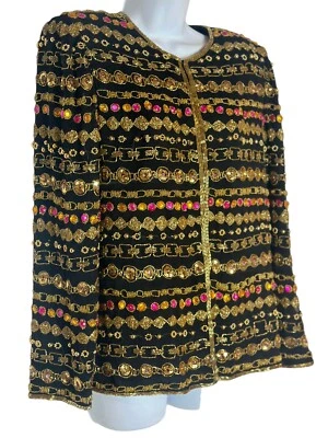 Chaqueta De Colección Laurence Kazar Seda Lentejuelas Cuentas Joya Vacaciones Cóctel Fiesta Med. Foto 1 de 4