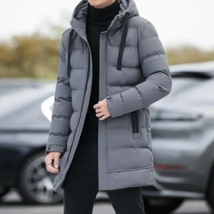 Men's Mid-length Cotton Coat Hooded Cotton Coat Winter Workwear Long Warm Jacket - Picture 1 of 18