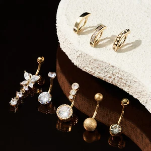 8pcs Popular CZ Gem Navel Belly Ring Rhinestone Button Bar Barbell Body Jewelry - Picture 1 of 10