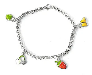 STERLING SILVER CHARM BRACELET WITH ASSORTED ENAMELED FRUIT CHARMS , 7" LONG - Picture 1 of 2