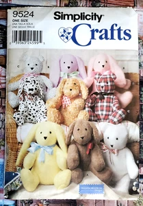Simplicity Crafts 9524 sewing Patterns Piece Animals, Dog, Rabbit, Bear, Cut - Picture 1 of 2