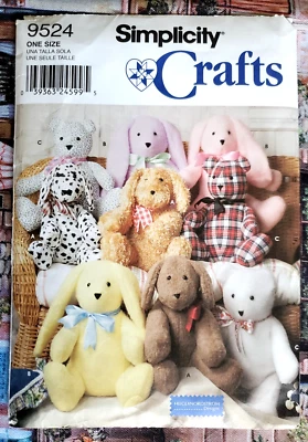 Simplicity Crafts 9524 sewing Patterns Piece Animals, Dog, Rabbit, Bear, Cut - Image 1 of 2