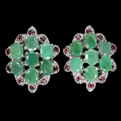 925 Sterling Silver Earrings Oval Emerald Rhodolite Garnet Gemstone Jewelry - Image 1 of 4