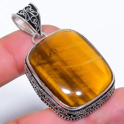 Pingente de joia folheado a prata pedra preciosa olho de tigre natural 2,0" F2574 - Imagem 1 de 4