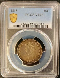 1818 25c Capped Bust Silver Quarter PCGS VF25 Gold Shield - Picture 1 of 3