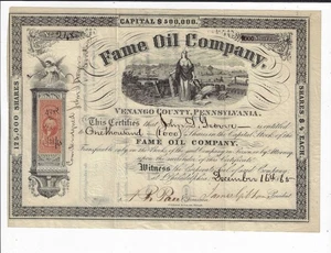 PENNSYLVANIA 1865 Fame Oil Company Stock Certificate Venango - Picture 1 of 2