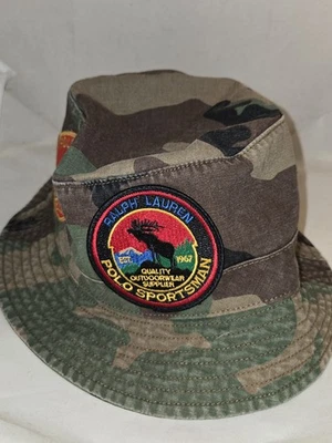 POLO RALPH LAUREN BRAND NEW CAMO SPORTSMAN PATCHES BUCKET HAT 1 OF 1  L/XL - Image 1 of 4