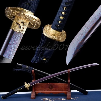 Damascus Steel Colored Blade Japanese Samurai Sword Fittings Brass Dragon Katana - Image 1 of 4