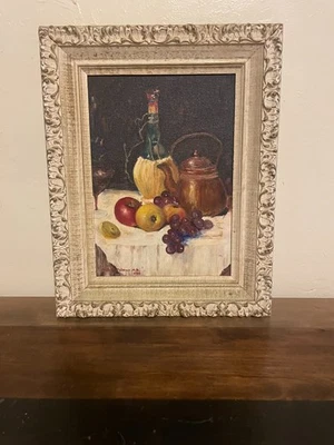 🍇 Pintura al óleo vintage 1968 bodegón frutas y vino - ¡arte original firmado! 🍎 Foto 1 de 4