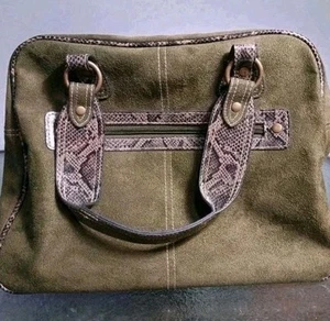 Sage Green Leather Suede bag Trimed With Snake Print - Picture 1 of 8
