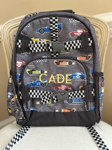 Pottery Barn Kids Mackenzie Race Cars GID LARGE Backpack Mono “Cade” READ - Picture 1 of 9