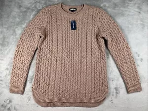 Lands End Cable Knit Donegal Sweater Womens M Cocoa Wool Blend Round Hem Chunky - Picture 1 of 10