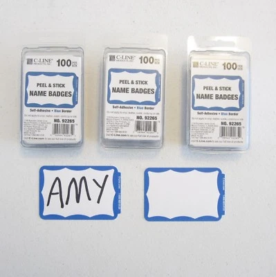 300 BLUE BORDER BADGES NAME TAGS LABELS ID STICKERS PEEL AND STICK ADHESIVE - Image 1 of 4