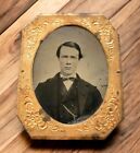 TinType Civil War Era Man Bow Tie Pocket Watch Photo Daguerreotype 1800s Copper