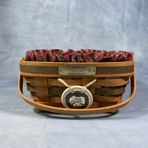Longaberger Green Red Christmas 1993 Bayberry Basket with Plaid Liner and Insert Cover