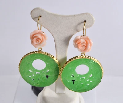 ORECCHINI ARGENTO 925 ROSE CORALLO NATURALE TONDO GIADA  VERDE         AGHT 0838 - Immagine 1 di 3