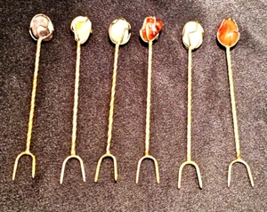 6 Vintage 1950's Unusual Silver Plated hors d'oeuvre Stone Top Picks - Picture 1 of 4