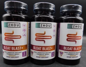 3 Pk Zhou Bloat Blast + Digestive Enzymes + Probiotic Boost 30 Caps Ea Exp:05/26 - Picture 1 of 4