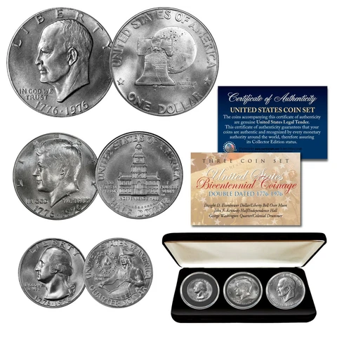 1976 Bicentennial U.S. Coins JFK Half / IKE Dollar / Quarter 3-Coin Set with BOX Cover