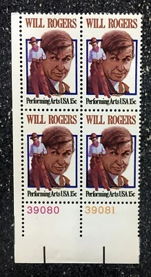 1979USA #1801 15c Will Rogers Performing Arts - Plate Block of 4  Mint NH - Image 1 of 4