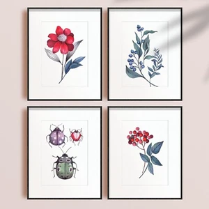 Botanical set of 4 Original Gouache Painting Flowers Painting - Picture 1 of 10