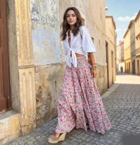 Maxi Falda Informal Rosa Floral Mediana Ascensión En Niveles Ajuste y Destellos Anchos. M-2xl del Reino Unido - Imagen 1 de 9