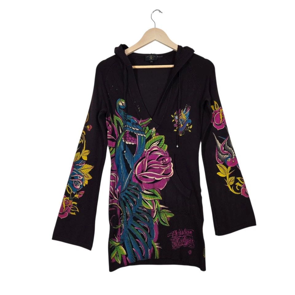 De Colección Christian Audigier Sudadera con Capucha Suéter M Marrón Cremallera Pavo Real Gráfico Tachonado Foto 1 de 4