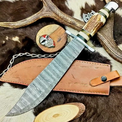 Premium Handmade Damascus Steel Bowie Knife – Outdoor Hunting Knife Sheath Z252 - Image 1 of 4