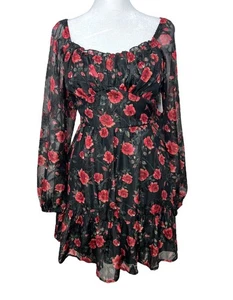 Altard State Floral Puff Long-Sleeve Mini Dress XS Black & Red - Picture 1 of 14
