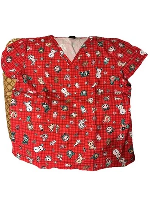Koi Tokidoki Holiday Flannel Women's XL 2-Pocket Stretch V-Neck Print Scrub Top - Image 1 of 4
