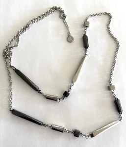Vtg Liz Claiborne SilverTone Necklace Long Black Silver Bar Cube Beads Doubled - Picture 1 of 5