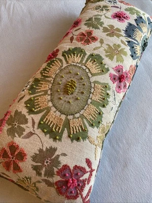 Annie Selke Embroidered Pillow Rectangular Floral 15x35" 100% Linen w/Insert NEW - Image 1 of 4