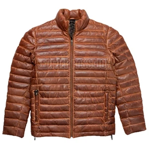 Men’s Distressed Lambskin Leather Puffer Jacket – Quilted Down Padded Coat - Picture 1 of 6