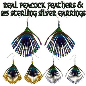 Real Peacock Eye Feather Earrings 925 Sterling Silver Jewellery - Picture 1 of 4