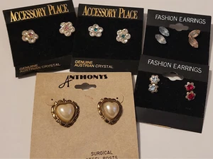 7 Pairs New Old Stock Fashion Stud Earrings Faux Pearl Hearts Rhinestones - Picture 1 of 4