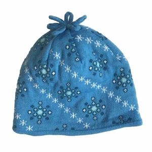 VTG L.L. Bean Winter Hat Cap Beanie Kids L Girls Blue Print Lined Tassel EEUC! - Picture 1 of 9