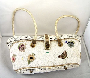 Midcentury MIDAS OF MIAMI Wicker Purse White Beaded Embroidered Flowers 1950's - Picture 1 of 11
