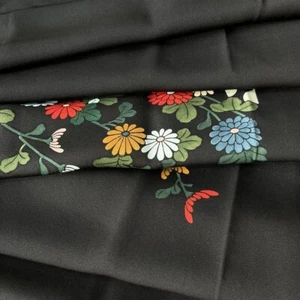 Vintage Japanese Kimono Fabric Piece - 100% Silk Smooth Black with Flower Print - Picture 1 of 5